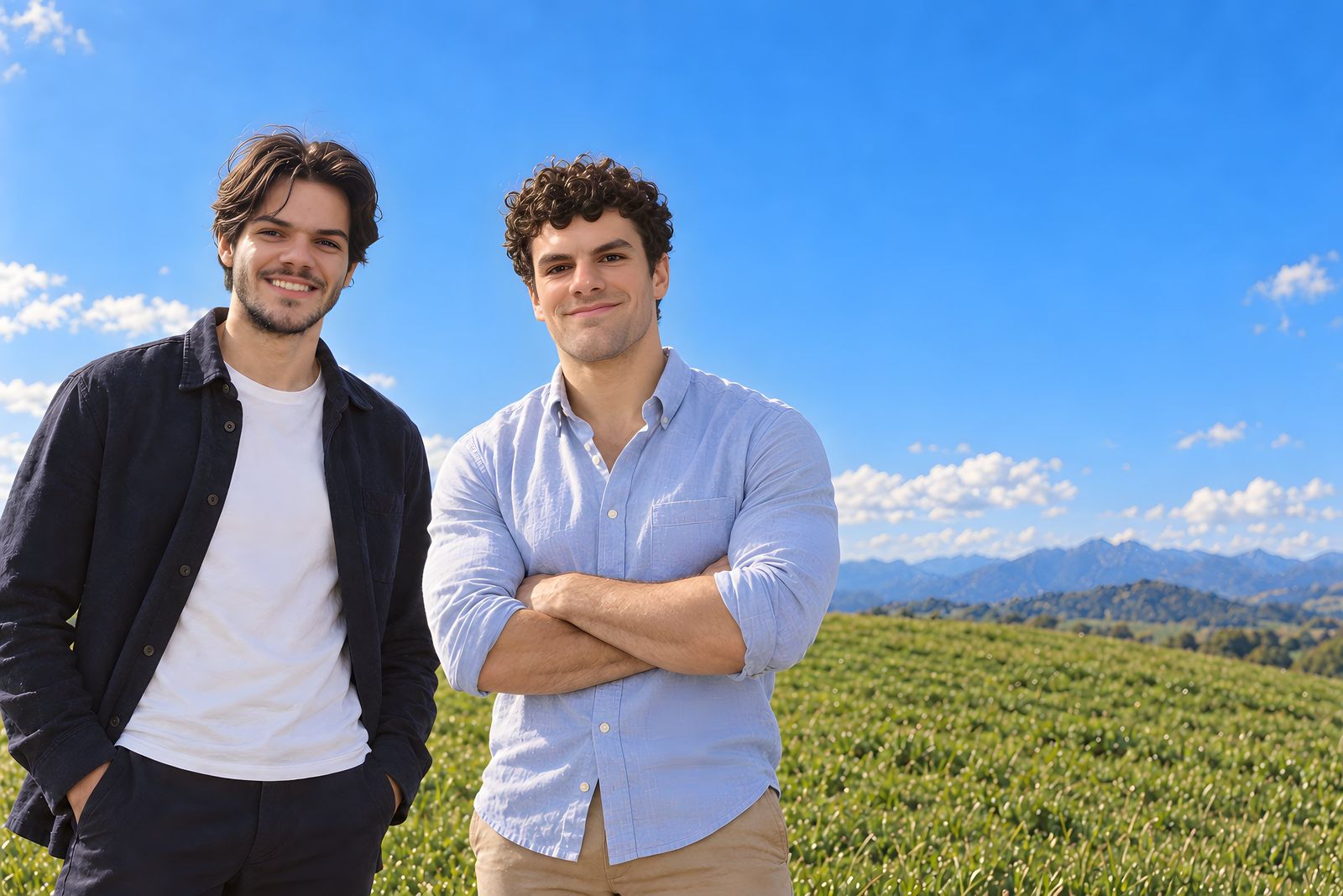 Mathis Blanc et Florent Flamion, les deux fondateurs de Peerlab, debout côte à côte dans une prairie